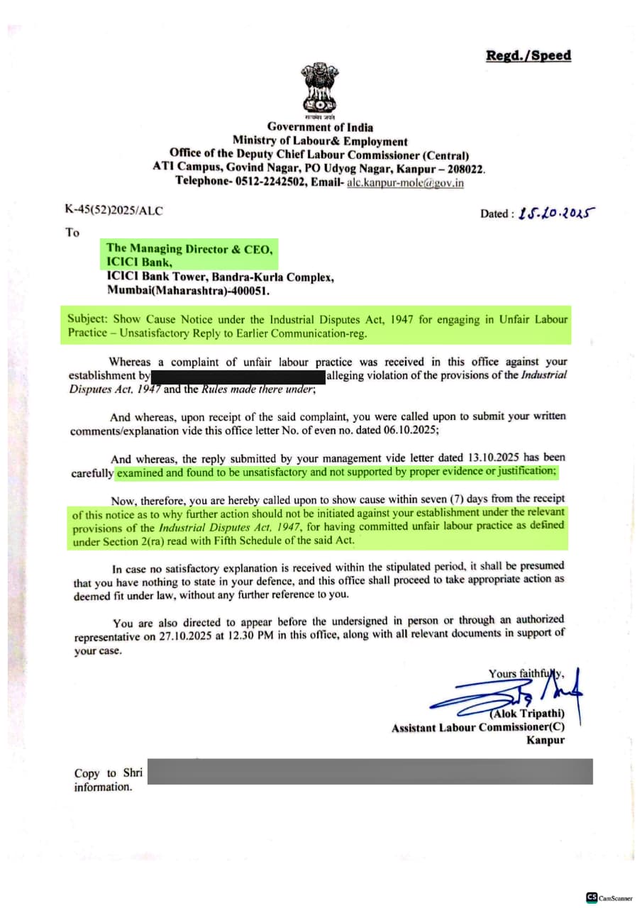 Labour Ministry issues Show Cause Notice to ICICI Bank CEO in response to an individual employee’s unfair labour practice complaint